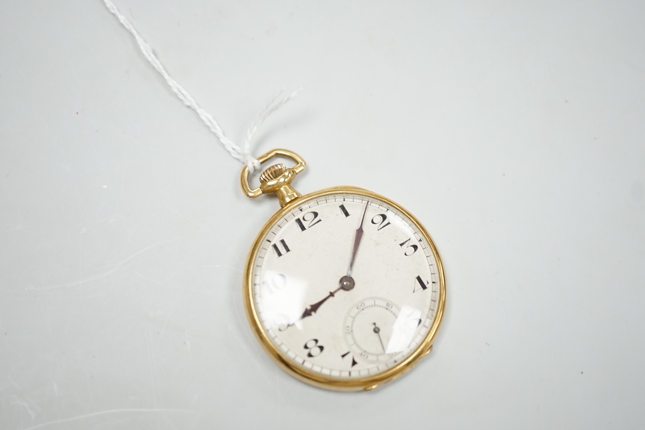 A continental 1920's 18ct gold open faced keyless dress pocket watch, 40mm, gross weight 36.5 grams.